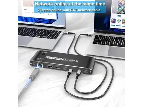 Image of MICROWARE 2X1 USB-C KVM Switch 2 PCs Share 1 Monitor + 3 USB Devices + 3.5mm Audio, 8K@60Hz USB C KVM Switch 100W PD, 2 Channel Type C PC to one HDMI /DP Output