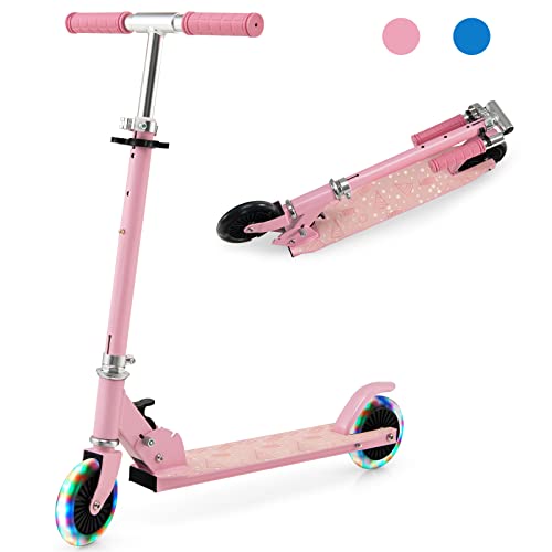 GOPLUS Trottinette pour Enfants Pliable avec 2 Roues Lumineuses, Guidon Réglable Alu 3 Hauteurs, Système de Freinage Arrière, pour Garçons et Filles à partir de 3 Ans Jusqu’à 50 kg, Rose