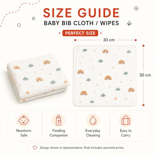 Image of HABER Organic Cotton Muslin Baby Wipes & Bibs Cloth 30x30 Pack of 5, Highly Absorbent Quick Dry Newborn for Sensitive Skin, 4 Layer Ultra Soft Skin Safe Muslin, Gentle for Infants & Toddlers