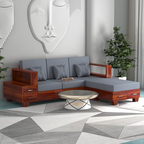 Image of Sheesham Wooden 4 Seater L- Shape Sofa for Living Room | Solid Wood Sofa with Side Box Storage & Cushion | Rosewood Sofa Set for Home & Office | Lounge (Honey, 4 Seater)