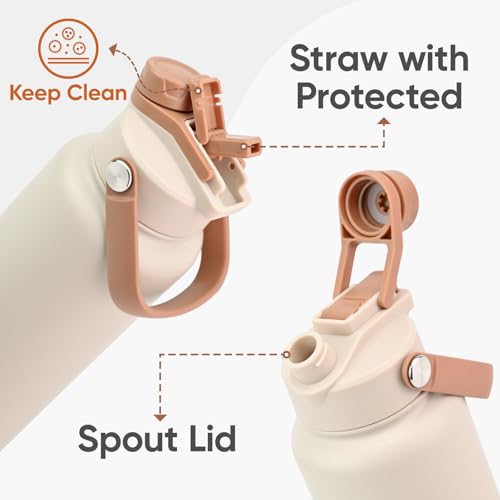 24 oz Insulated Water Bottle, 2-in-1 Lid, Straw & Spout with Protected, Leak Proof, Keep Cold 24H, Cup Holder Fit, Stainless Steel, Metal, Reusable, for Travel, Gym and School, 2 Lids, Mousse