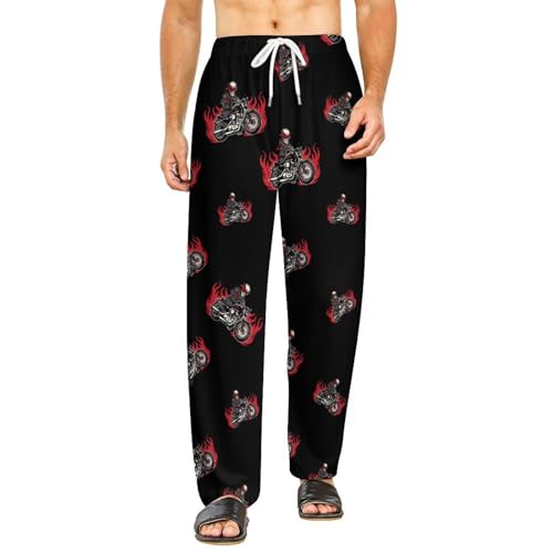 A Skull on Motorcycle Flames Men's Pajama Pants Lightweight Pjs Bottoms Sleep Lounge Pant with Pocket Drawstring