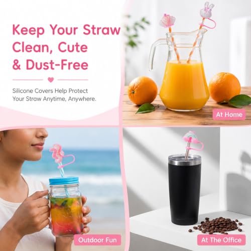 Image of HASTHIP Glitter Pink Straw Cover Caps Silicone Straw Toppers for Kids Party
