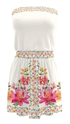 Image of SAUKOLE Summer Dresses for Women Bandeau Strapless Smocked Elastic Waist Sundress Tube Mini Dress with Pockets