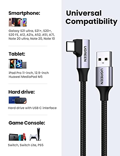 UGREEN USB C naar USB 3.0 Oplaadkabel 90 Graden USB Type C kabel Datakabel 5Gbps Hoek USB 3.0 USB C kabel Compatibel met Galaxy S21 S20 S10 S9 A51 A52 A21s A20e P30 Lite Mi 9, etc.(0,5M) - Image 6