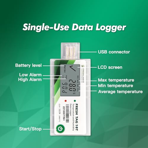 Image of Freshliance LCD Temperature Data Logger, Single Use USB Temperature Recorder with PDF or CSV Report, 65000 Readings -22℉~158℉ High Accuracy, 90days, 1pack, Fresh Tag10T