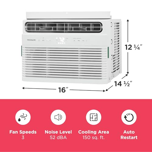Image of Frigidaire 5,000 BTU Window Air Conditioner with Remote Control, Cools Up to 150 Sq. Ft., Quiet Operation, Eco Mode, 3 Fan Speeds, Auto Restart, White | 5, 000 Btu Cools Up to 150 Sq Ft, Controls Plus Remote, 3 Speeds, Eco and Sleep, Auto-Restart, Washable Filter
