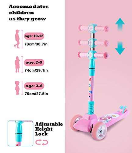 SULIVES Height Adjustable Kick Scooter for Kids with 3 Wheels Best Gifts for Ages 3-5 5-8 6-12 Toddlers Boys Girls(Pink)