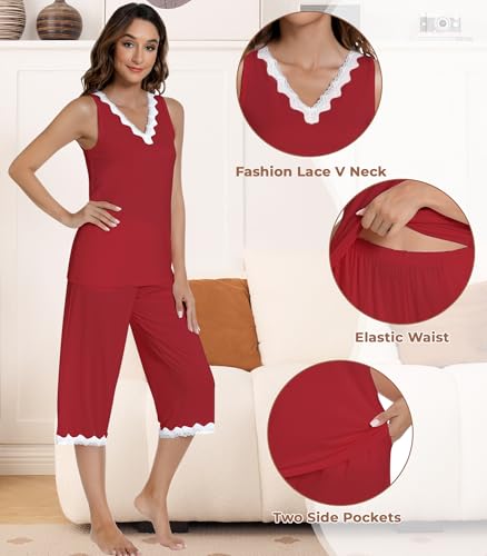 Image of NACHILA Pajamas Set for Women-Viscose Made from Bamboo, Lace V Neck Pj Tank Top Capri Pants Sleeveless Pjs Soft Sleepwear
