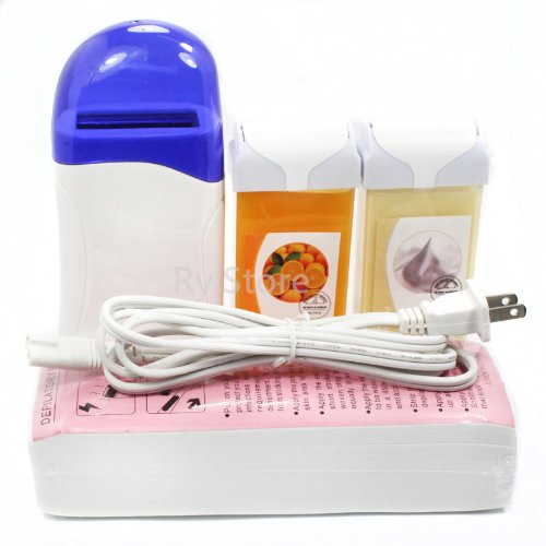 New 4 in 1 Roll on Refillable Depilatory Hot Wax Heater Waxing Hair Removal Cartridge Kit Warmer Salon Tools Machine with 100 PCS Paper Strip , Creme Orange Taste 100g Wax Roller, 110v Us Plug