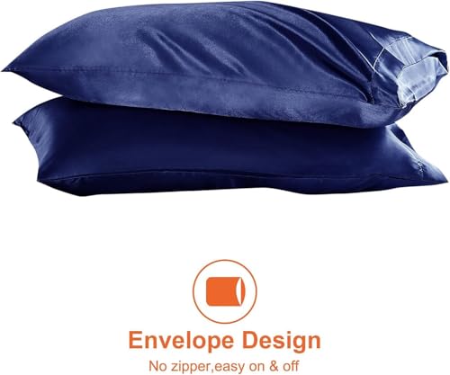 Image of Satin Pillow Covers Set of 2 - Soft & Smooth Pillowcases for Hair & Skin Care | Envelope Closure | Includes 3 Free Random Color Scrunchies | Frizz-Free Sleep Essentials (Navy Blue)