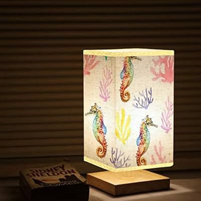Square Bedside Table Lamp Watercolor Painted Seahorse Seamless Wooden Base Flaxen Fabric Shade Dimmable Nightstand Lamp… 414yoj8WvgL. SS400