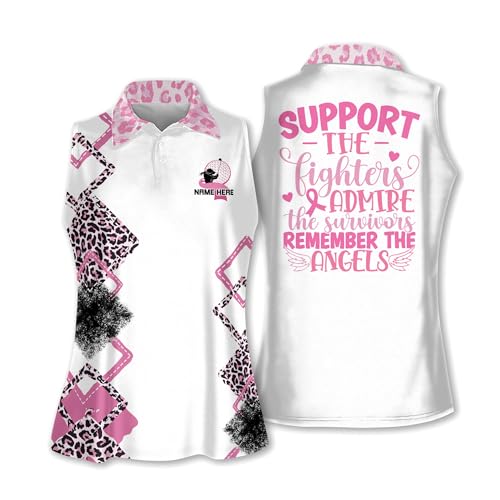 Personalized Breast Cancer Golf Shirts Golf Shirts for Women Sleeveless with Collar, Support The Fighters Admire The Survivors Remember The Angels, Women's Sleeveless Golf Shirts Leopard