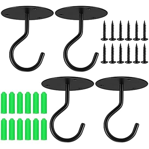 4 Pcs Ceiling Hook for Hanging Plants, Heavy Duty Hanging Hooks Wall Mounted, Screw in Ceiling Hook for Hanging Bird Feeders, Lanterns, Planters, Outdoor Decoration Hooks, with Screws, Black Cover