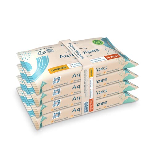 Toallitas húmedas Aqua Wipes, (Bolsa de 4 x 64 paquetes de toallitas húmedas (256 toallitas)), (64 toallitas por paquete), AQW64F4B, Vegana, Biodegradable, sin plástico, 99.6% de agua purificada
