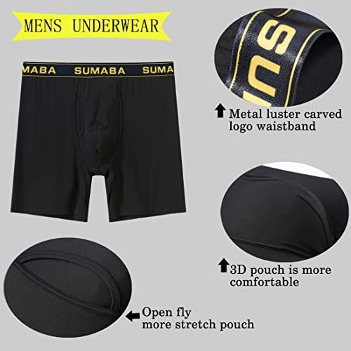 Mens Bamboo Viscose Boxer Briefs Big and Tall Open Fly Pouch No Ride Up Long Leg Tagless Underwear Pack4