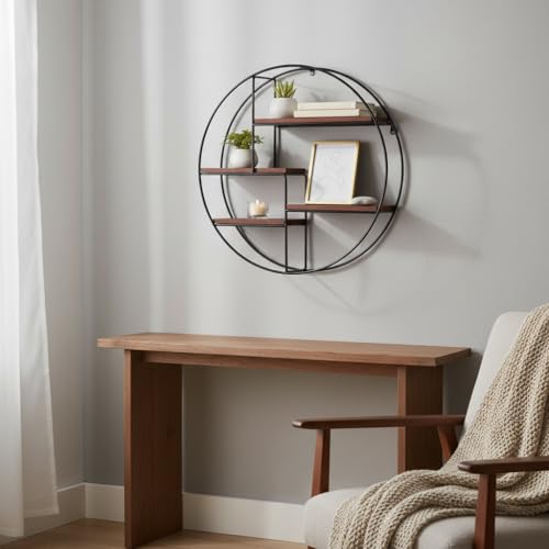 Image of Modern Round Wall Shelf Metal Frame with Wooden Shelves | Decorative Wall Mounted Storage Organizer for Living Room, Bedroom & Home Decor