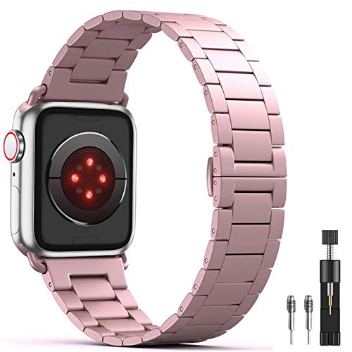 Band Compatible for Apple Watch Series 4 Series 3 Series 2 Series 1, PUGO TOP Ultra Fine en Acier Inoxydable Slim Fit Bracelet pour Apple Watch Series1/Series 2-42mm/44mm,or rose