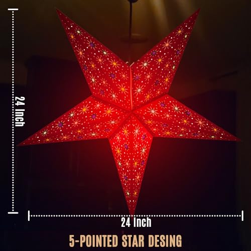 Image of GalaxyArts Paper Star Lantern, Red 24 Inch 3D Illuminated Starlite Hanging Lamp, Handcrafted Hollow Decoration for Weddings, Parties, Christmas, Holidays, Easy to Hang Indoor Outdoor Home Decor
