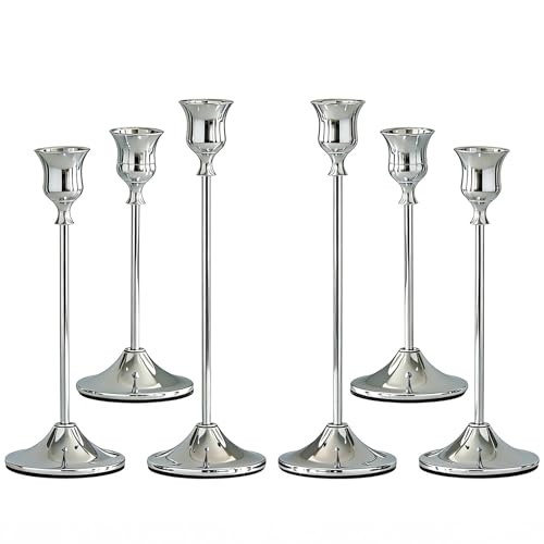 VELAJA Lot de 6 Bougeoirs Argentés - 3 Tailles (17/20/23 cm) - Chandelier Bougeoir Vintage pour Décoration de Table, Mariage, Fêtes, Dîner, Cheminée &...