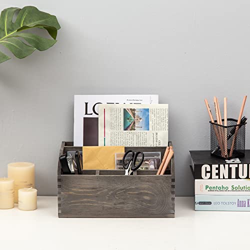Exoliry Vintage Stone Gray Wooden Desktop Organizer Stepped Racks Multiple Compartments Rustic Tabletop Storage Cabinet Metal Label Holder Antique Stationery Sorter Office Supplies Caddy Home #TOP2