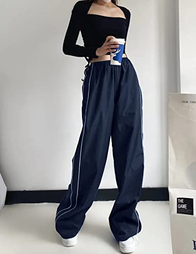 Yimoon Women's Baggy Y2K Track Pants Casual Loose Side Stripe Parachute Pants Elastic Waist Wide Leg Cargo Pants(Navy-M) #TOP2