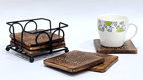 Image of StonKraft Wooden Tea Coffee Coasters /Rustic Vintage Look Coasters Set with Wrought Iron Holder