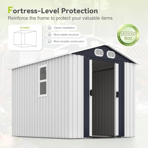 Image of KEIKI 8x6 FT Heavy-Duty Outdoor Storage Shed, Metal Shed with Reinforced Frame, Lockable Doors & Air Vents, Weatherproof Garden Tool Shed for Backyard, White