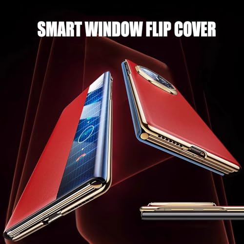 Case for Huawei Mate XT, Genuine Leather Cover Clear View Flip Bookstyle Luxury Protecter Shell Full Body Shockproof Case,Red,Mate XT