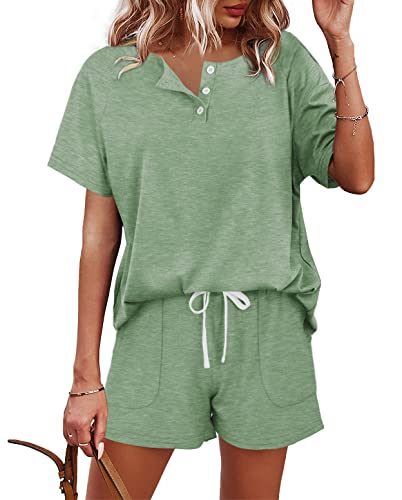 Image of WIHOLL Two Piece Outfits for Women Lounge Sets Button Down Top and Shorts Set Sweatsuits with Pockets