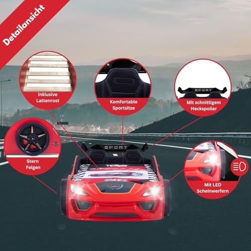 Coemo Autobett Dream Racer Sport Rot Kinderbett im Rennauto-Design mit Lattenrost 90x200 Kunstleder Sportsitze, Spoiler mit Aufklebern, LED Beleuchtung Spielbett für Jungen und Mädchen