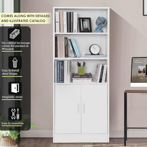 Image of About Space 5 ft Kitchen Cabinet - 5 Tier Wooden Storage Cabinet with 3 Open Shelves & 2 Magnetic Door Crockery Cabinets, Easy to Assemble for Home Living Room (White - L 57 x B 25 x H 158 cm)