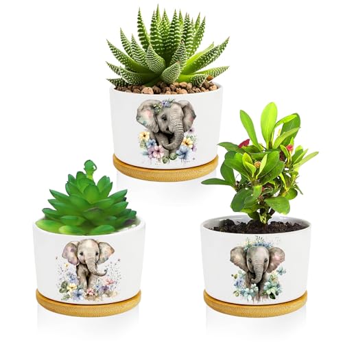 Databa Elephants Succulent Pots 3 Pack, 3 Inch Succulent Planters with Drainage and Bamboo Tray, Elephants Gifts for Women, Ceramic Small Pots for Baby Plants, Cactus, Herbs- Plants Not Included