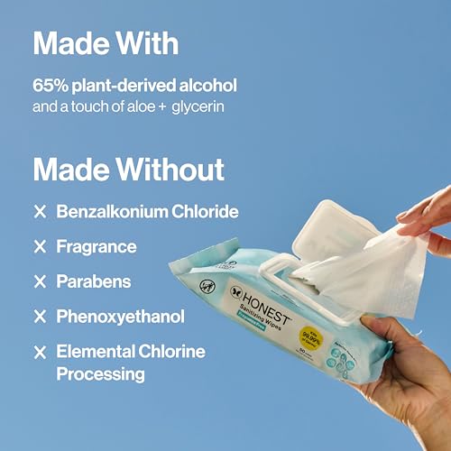 Image of The Honest Company Fragrance-Free Sanitizing Alcohol Wipes, Antibacterial Safe for Hands, Kills 99% of Germs, Made With Aloe, 50 Count (1 Pack)