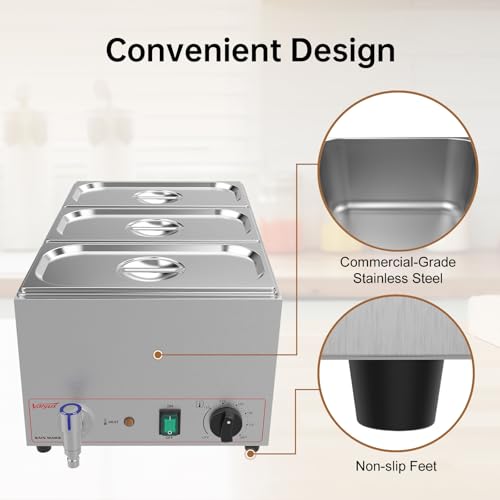Valgus Edelstahl 3 Abschnitte 16L Bain Marie Speisenwärmer Elektrische Suppenwärmer Arbeitsplatte Steamer mit Deckel und Wasserhahn für Parteien, Bankett und Catering-Events – Bild 4