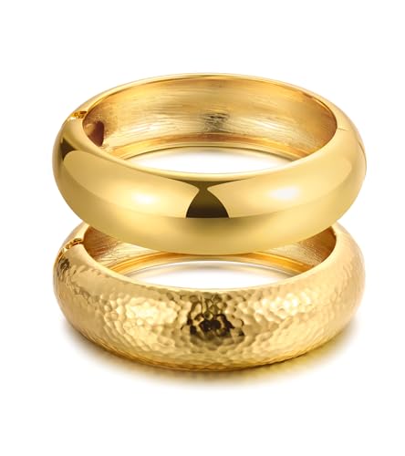 Image of Chunky Gold Bangle Bracelets for Women, Dainty 14k Gold Plated Big Stackable Bangles Set, Trendy Statement Cuff Bracelet Stack Fashion Jewelry Gifts