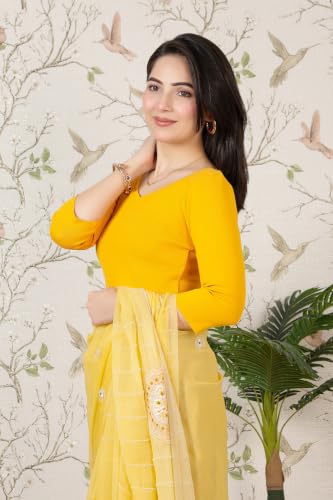 Image of Mlada V-Neck Stretchable Saree Blouse Top for Women | Slim Fit 3 /4th Sleeves Solid Cotton Blouses | Readymade Saree Blouses for Women Festive & Ethnic | Blouse Crop Top