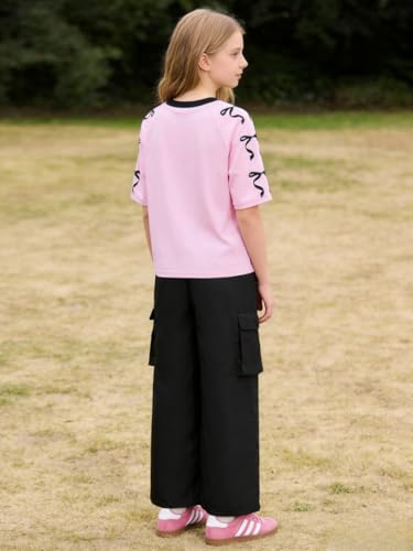 Image of Tween Girls Clothes Short Sleeve Graphic T-Shirt Top + Cargo Pants 2pcs Outfit Set, Size 7-15Years