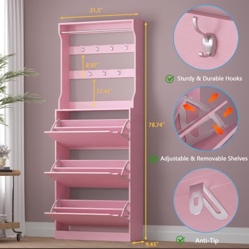 Image of BORNOON Shoe Cabinet with 3 Flip Drawers & Coat Rack, Narrow Hidden Shoe Storage Cabinet, 2-in-1 Hall Tree Slim Freestanding Shoe Rack Organizer for Entryway, Hallway, and Living Room