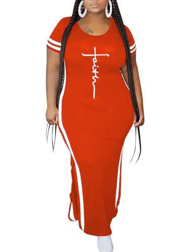 Image of PINSV Women Plus Size Maxi Dress Summer Short Sleeve Split Long Dress