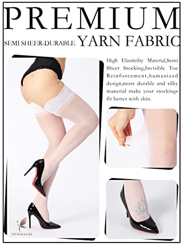 Image of DORALLURE Thigh High Stockings Silicone Lace Top Stay Up Silky Semi Sheer Pantyhose for Women Hold Up Nylon