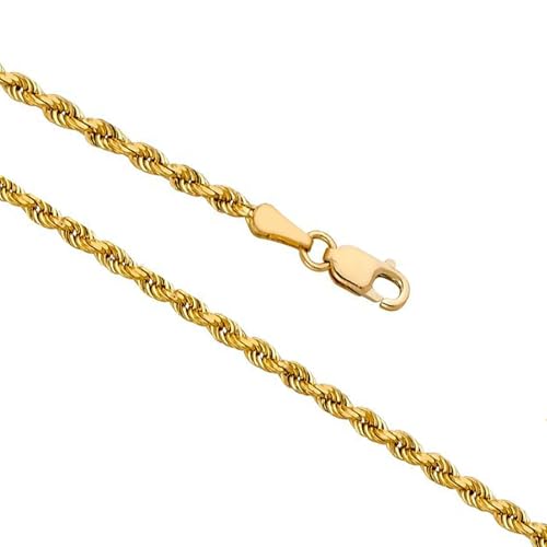 14k Real Yellow Gold Solid Rope Diamond Cut Chain Necklace with Lobster Claw Clasp, Ideal GIfts for Women or Men