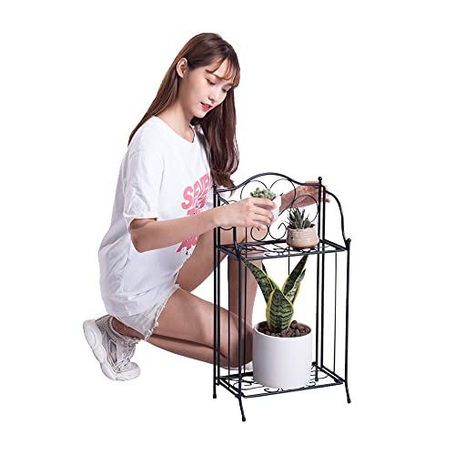 Yolafe Foldable 2 Tier Metal Plant Stand Scrollwork Design Indoor And Outdoor Flower Rack Pot Shelf Home Storage Organizer Shelf, Black #TOP7