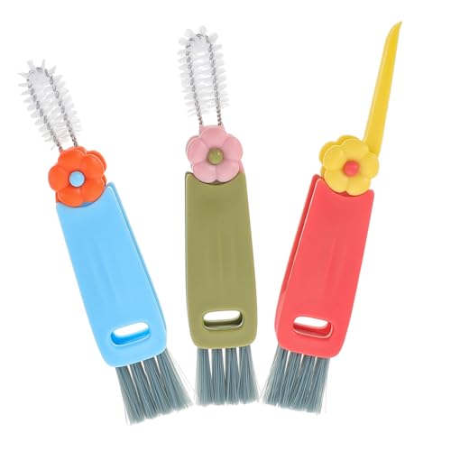 Unomor 3pcs Cup Lid Brush Bottle Cap Gap Cleaner Mini Gap Brush Decorative Floral Pattern Multi-function Easy to Clean Quick Drying Household Cleaning Helper