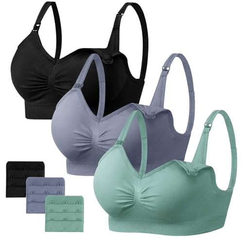Image of Angelhood Womens Seamless Sleep Nursing Bra,Breastfeeding Maternity Bra with Remove Bra Pads Extenders Pack of 3