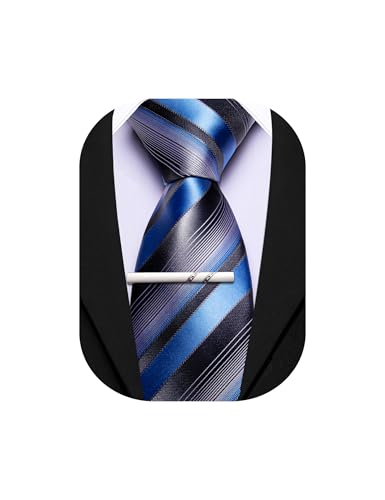 Image of Barry.Wang Silk Men Ties Formal Stripes Necktie and Tie Clip for Wedding Party Business Fashion Classic