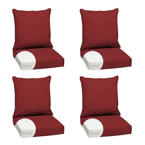 Image of Arden Outdoor Foam Deep Seat Cushion Set, 4-Pack, 24x24, Premium High-Density Foam, Never Flattens, Weather-Proof for Patio Chair Sofa Couch, Ruby Red Leala