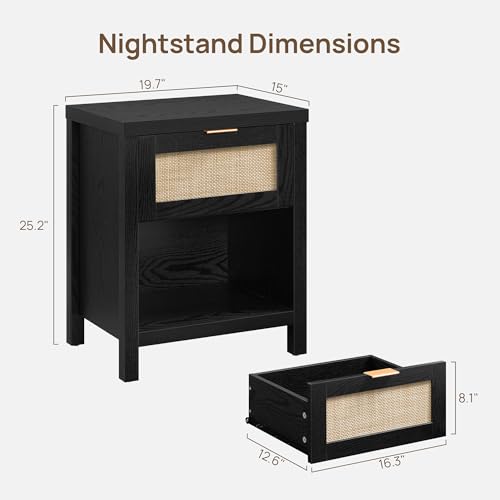 Image of SICOTAS Black Rattan Nightstands Set of 2 with Drawer 19.7 inch Wide