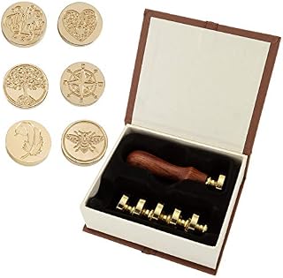 Mogoko Retro Wax Sealing Stamps Set, 1 Piece Wooden Handle and 6 Pieces Removable Sealing Copper Head, Vintage Classical Fancy Seal Stamp Kit with Gift Box