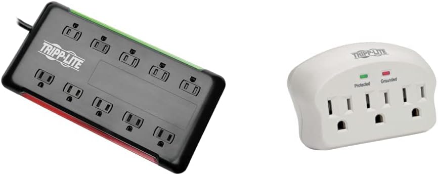 Tripp Lite 10-Outlet Surge Protector Power Strip 6ft Cord 2880 Joules Black $100K Insurance (TLP1006B) & 3 Outlet Portable Surge Protector Power Strip, Direct Plug in, 5, 000 Insurance (SK3-0)